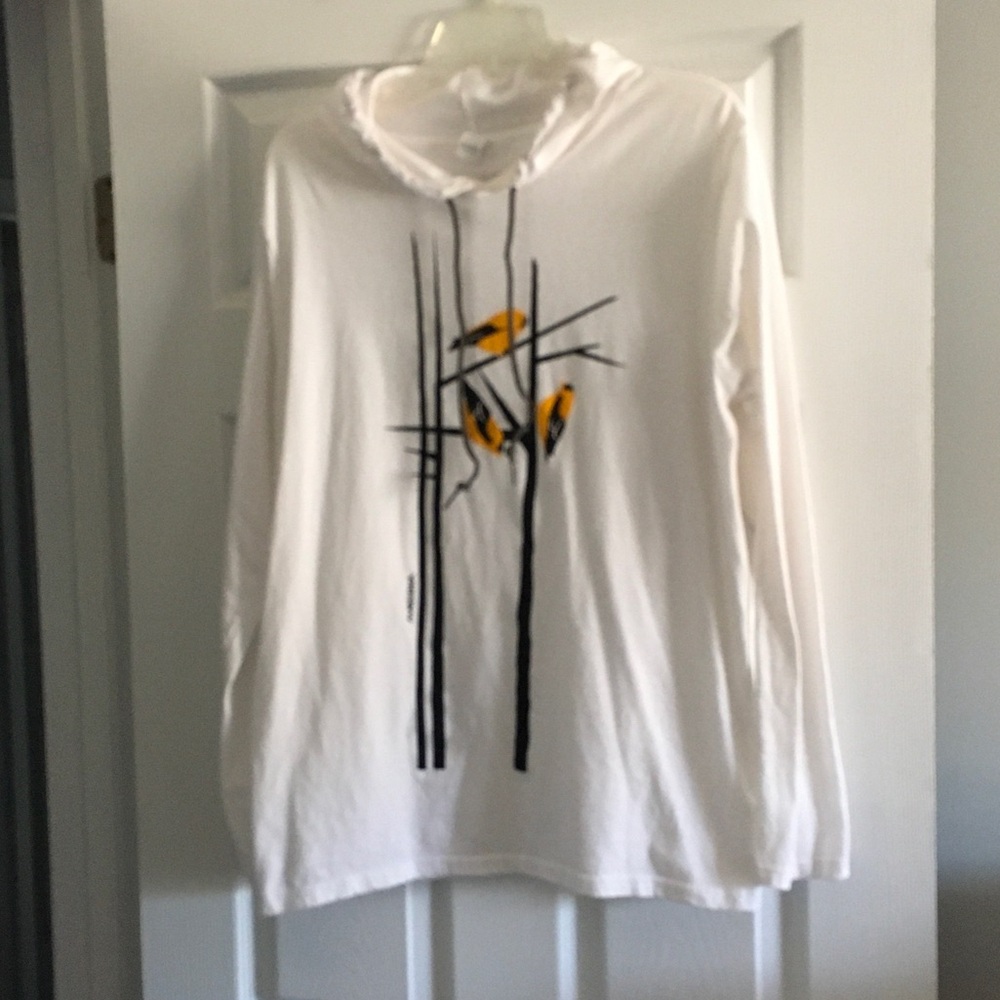 White Hooded Long Sleeve Top with Black Tree and Yellow Bird Motif